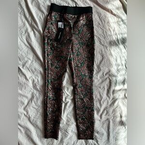 Dolce & Gabbana Metallic Floral Brocade Skinny Pants Green Pink Jacquard 36